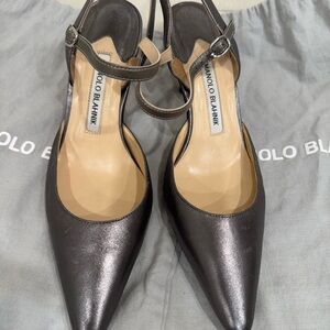 Manolo Blahnik Metallic Charcoal Pointed-Toe Slingback Pumps